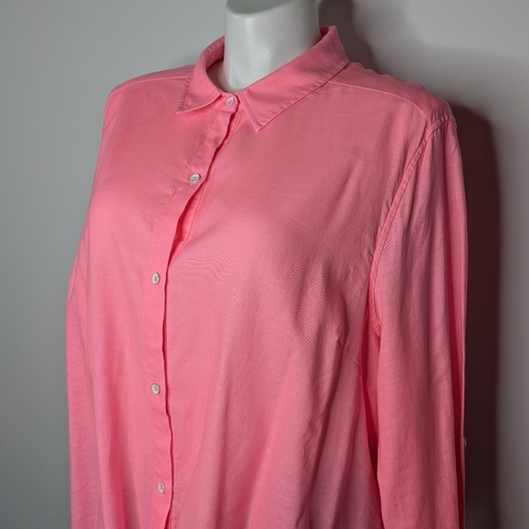 Fresh Produce pink 100% cotton button up long sleeve tie front shirt 2X - Picture 2 of 9